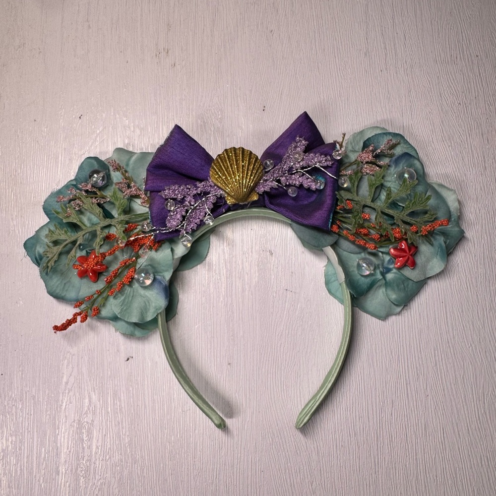 Mermaid Floral Headband with Purple Bow and Gold Shell